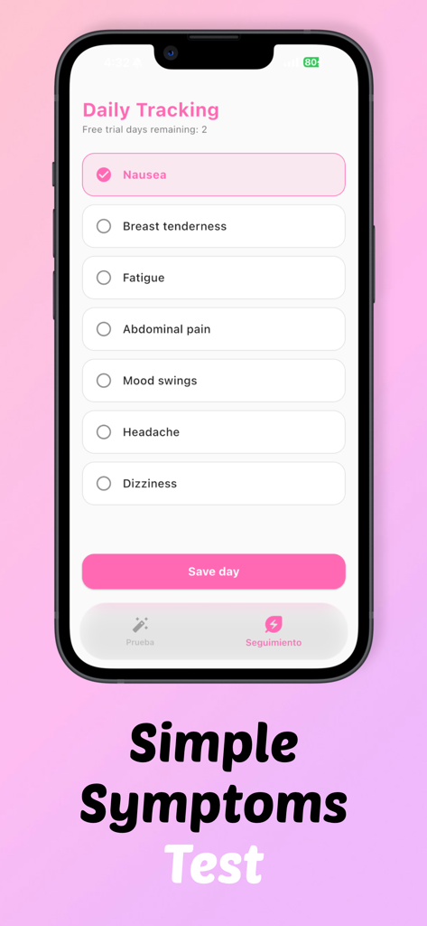 Pregnancy Test Checker Quiz - Daily tracking screen of the Pregnancy Test Checker Quiz app showing options for early symptoms like nausea and fatigue