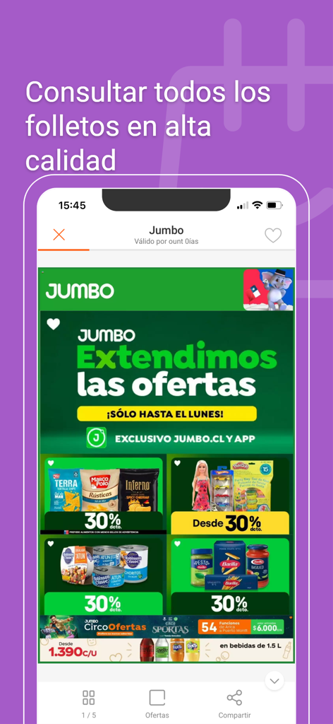 Folleto digital de alta calidad del supermercado Jumbo en Chile que muestra descuentos en comestibles y juguetes.