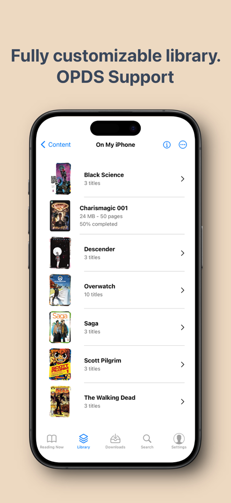 Panels - Comic Reader - iPhone screen displaying the Panels comic reader library with various comic titles