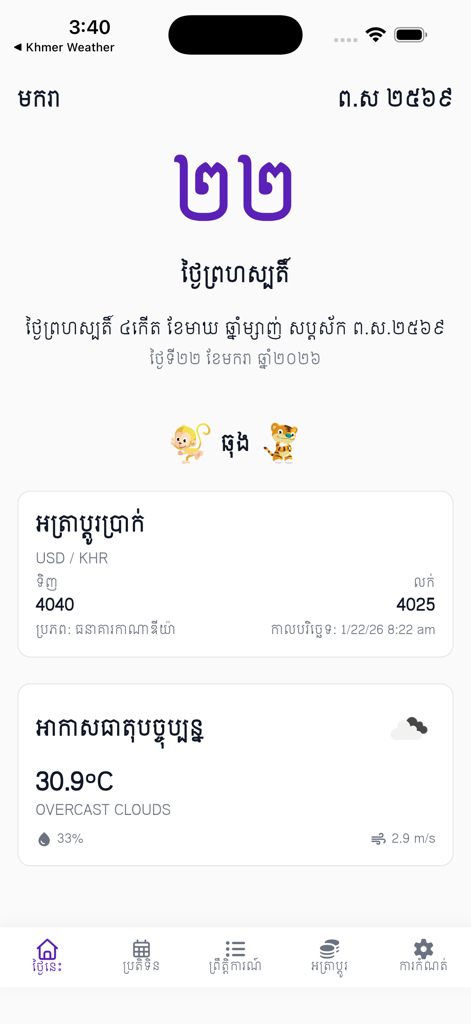 Lunar Khmer Calendar - Pantalla de inicio de la aplicación Lunar Khmer Calendar que muestra la fecha en escritura jemer, el tiempo y las tasas de cambio de divisas