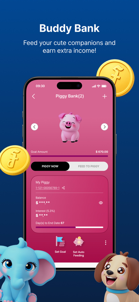 A smartphone showing the PPCBank Buddy Bank interface with a pink piggy bank character for gamified savings and interest tracking.