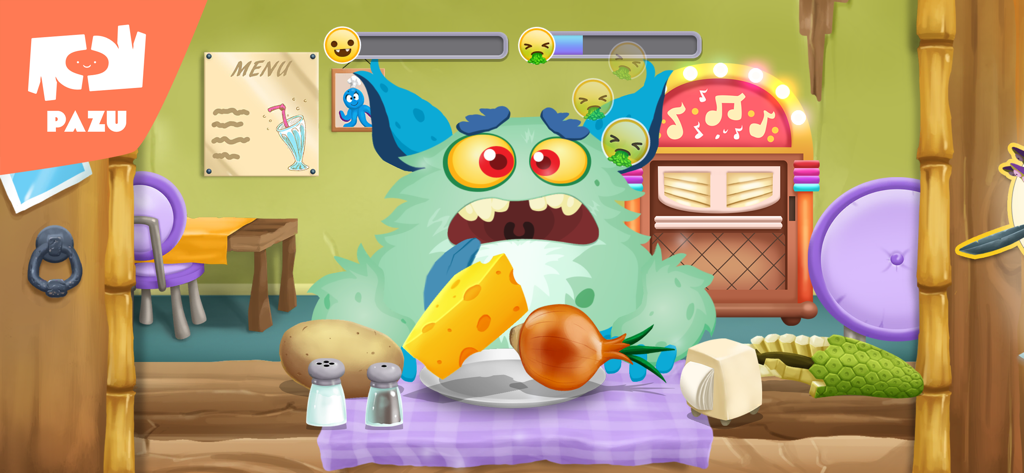 A fluffy blue monster in a kitchen looking at a plate of cheese and vegetables