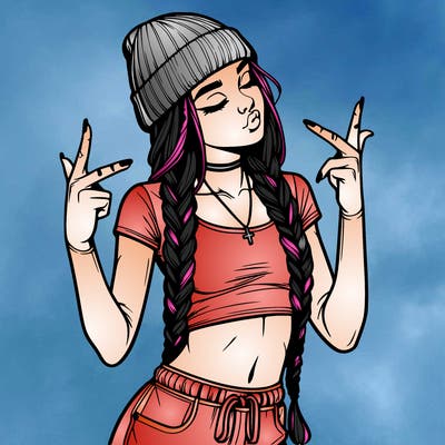 realistic teenage girl with braids and a beanie and crop top doing 🫶🏼