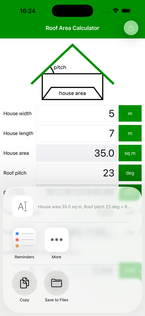 Screenshot of the Roof Area Calculator app interface with calculation fields and an active iOS sharing menu