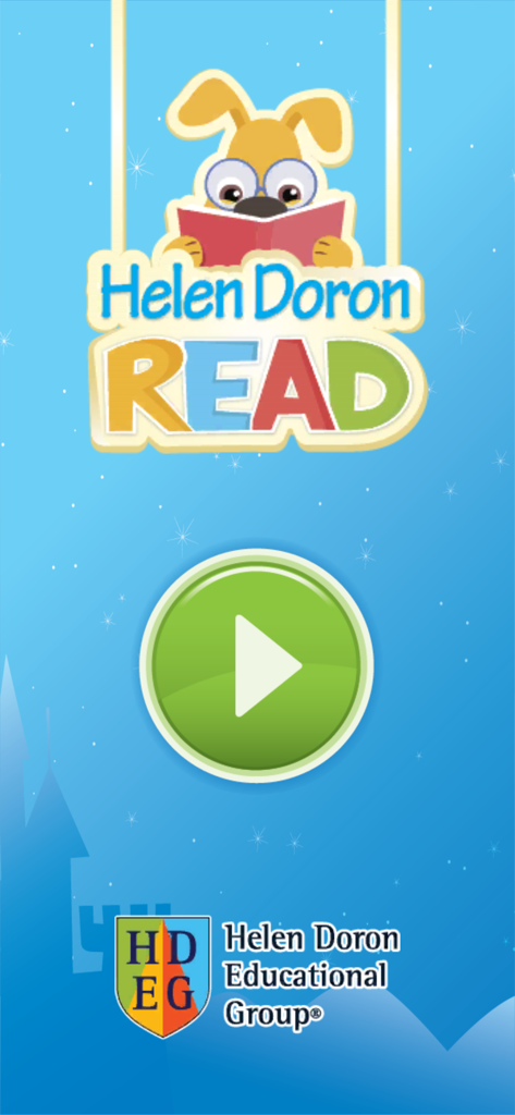 Helen Doron Read app splash screen featuring a cartoon dog reading a book and a large green play button