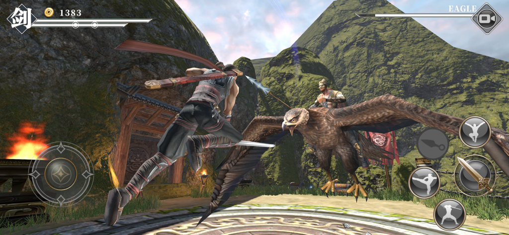 Jugabilidad de acción de Nine Night mostrando una batalla contra un jefe águila gigante.