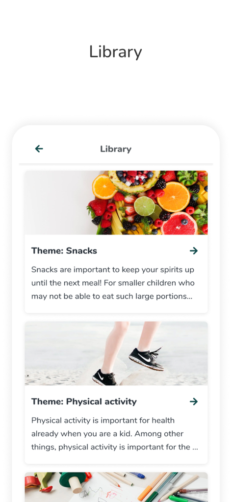MINISTOP - The library interface of the MINISTOP app showing educational themes for snacks and physical activity.