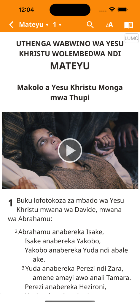 Chichewa Bible - Chichewa Bible app showing Matthew chapter one with video and text.