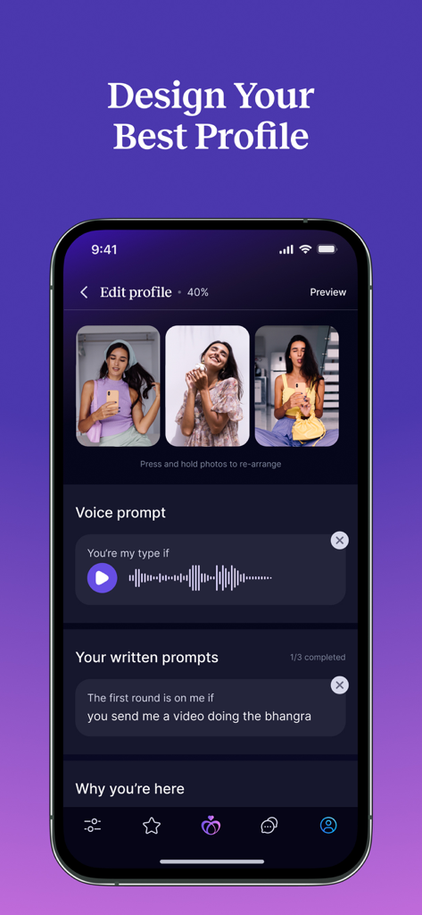Vinita - South Asian Dating - Profile editing screen in the Vinita South Asian dating app featuring photos and cultural prompts