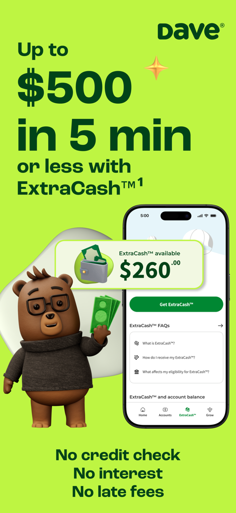 Interfaz de la aplicación Dave mostrando una oferta de adelanto de efectivo de 500 dólares con una mascota de oso.