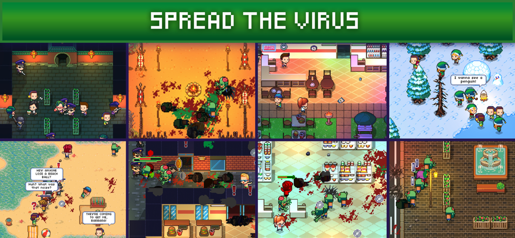 Un collage de captures d'écran de gameplay d'Infectonator 3 Apocalypse montrant des zombies attaquant des humains dans divers environnements en pixel art.