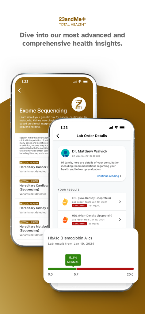 23andMe - DNA Testing - 23andMe app interface displaying genetic exome sequencing reports and laboratory blood test results