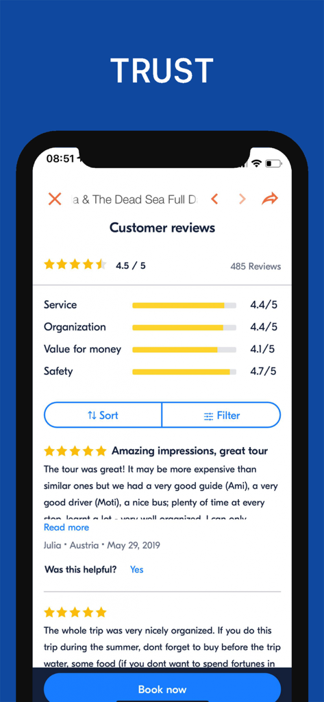 서비스, 조직, 안전과 같은 범주를 특징으로 하는 텔아비브 투어의 고객 리뷰 및 평가를 보여주는 모바일 앱 화면입니다.