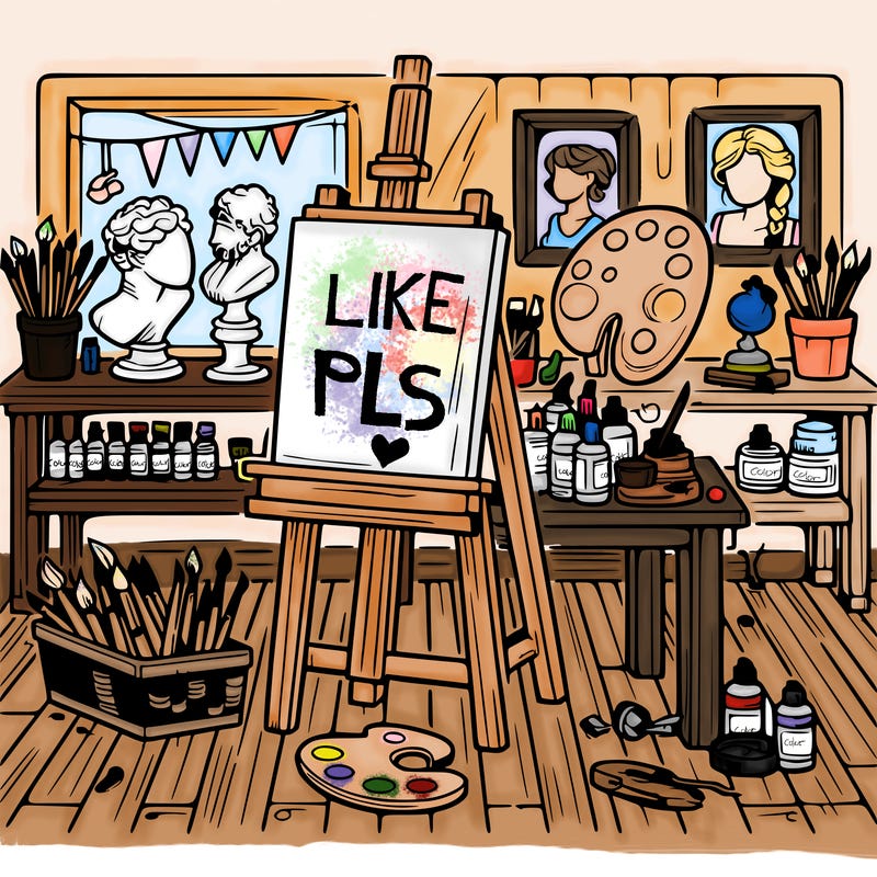 an art studio with canvases, paints, and sculptures