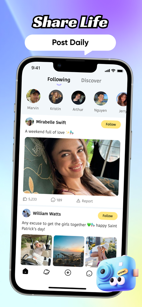 Kula - Video Chat, Meet, Call - Kula app Following feed showing user posts and daily updates on an iPhone screen