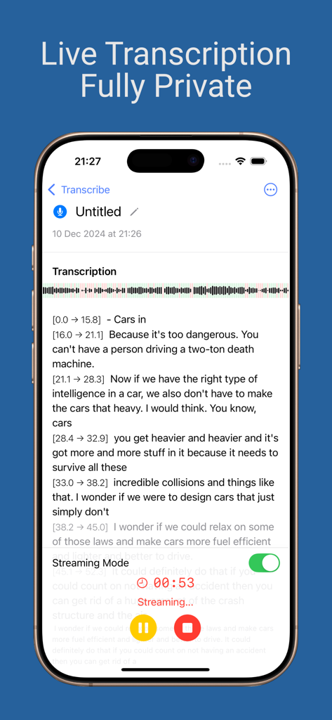 Nasu - Voice Notes - iPhone interface showing the Nasu app performing live and private voice-to-text transcription