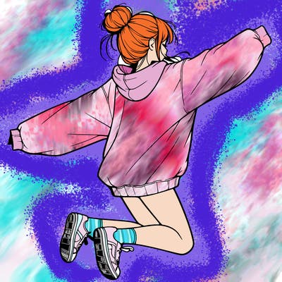 realistic girl jumping with a bun and oversized sweatshirt