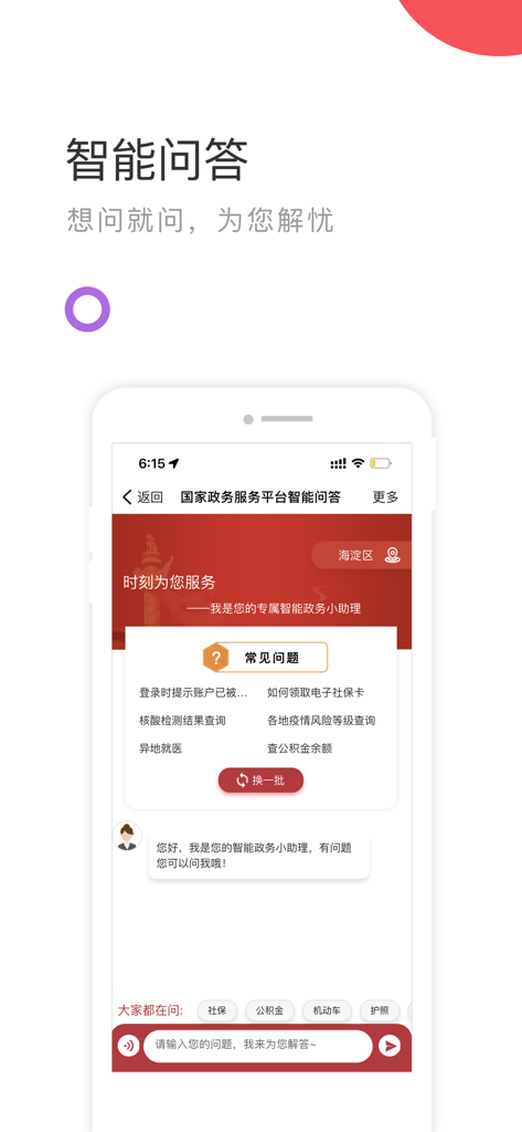 Interface of the National Government Service Platform app showing the Smart Q&A feature and AI assistant for citizen inquiries