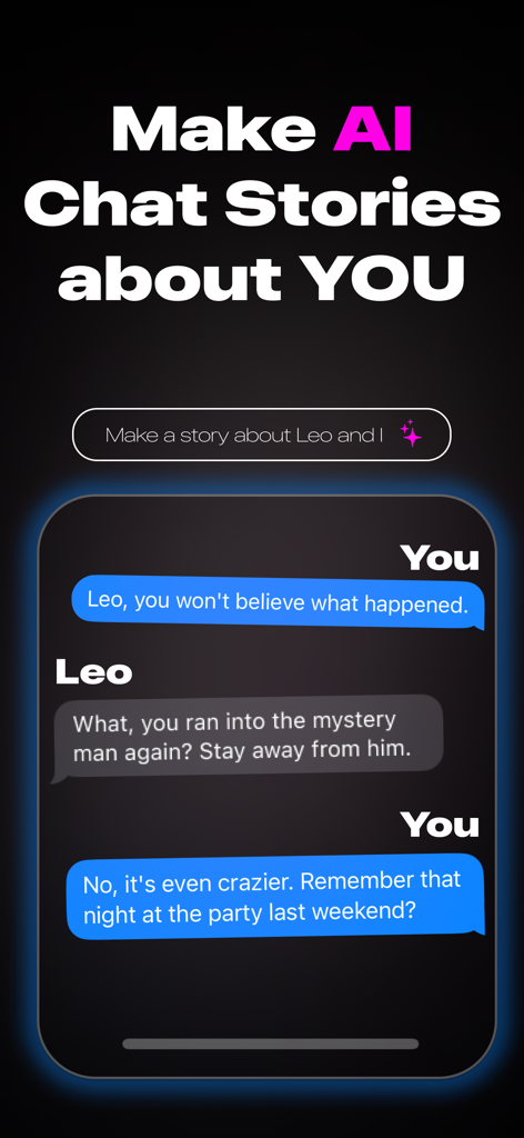 Spook: AI Chat & Text Stories - Interfaz de la aplicación Spook mostrando una conversación de historia de texto personalizada de IA entre un usuario y un amigo llamado Leo