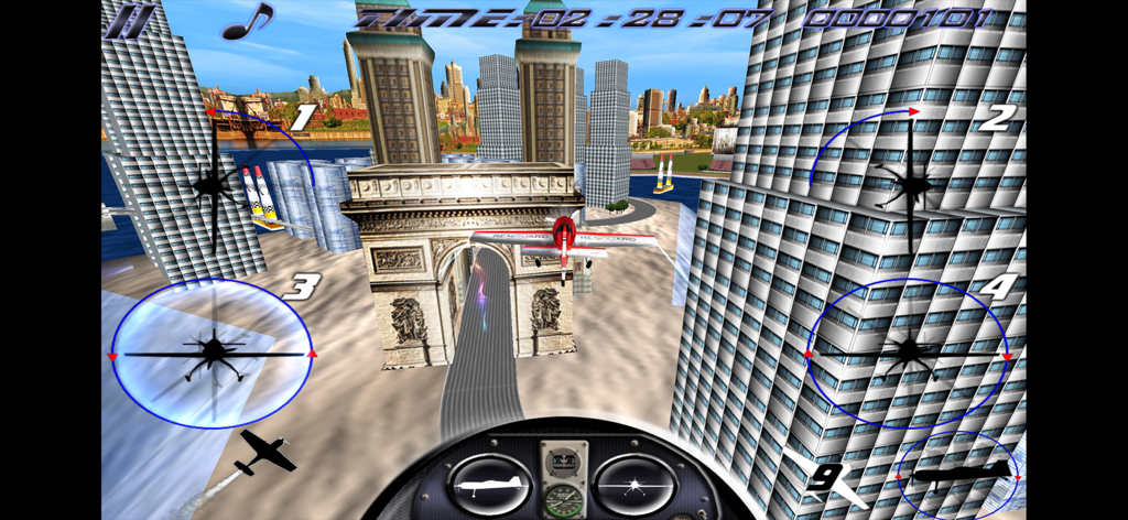 AirRace SkyBox - Cockpit view of a Sukhoi 26 airplane racing through a city with skyscrapers and monuments in the AirRace SkyBox mobile game
