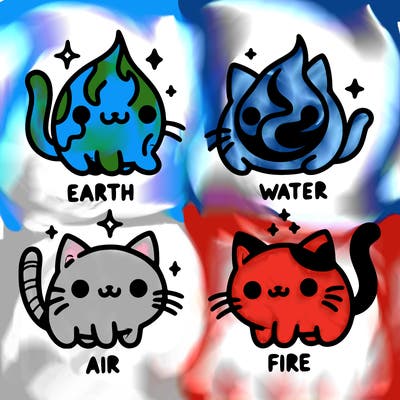 4 cats that represent the different elements, earth, water, air, and fire