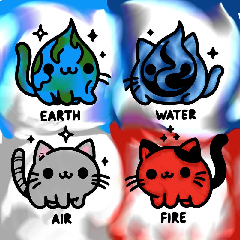 4 cats that represent the different elements, earth, water, air, and fire