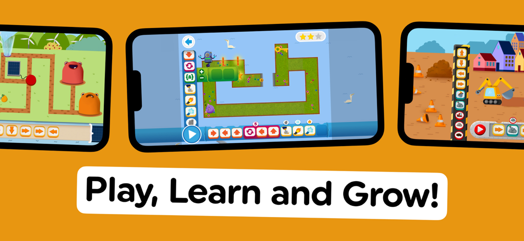 Code Land: Kids Coding Games - Três telas de celular exibindo quebra-cabeças e jogos de programação educacionais para crianças com o texto Brinque, Aprenda e Cresça