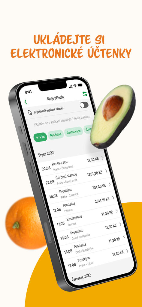 Digital shopping receipts list in the Muj Globus mobile app