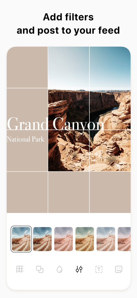 Pic Collage Post for Instagram - Pic Collage app interface displaying a 3x3 photo grid of the Grand Canyon with various filter options and editing tools.