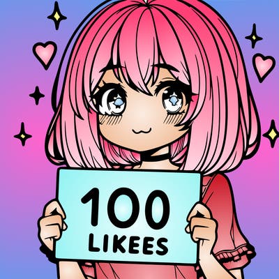 anima girl holding a 100 likes sign in her hand