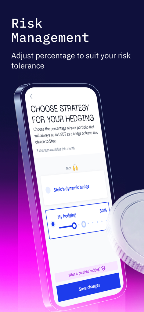 Stoic AI: Crypto Trading Bot - Stoic AI app screen for adjusting crypto portfolio hedging and risk management settings