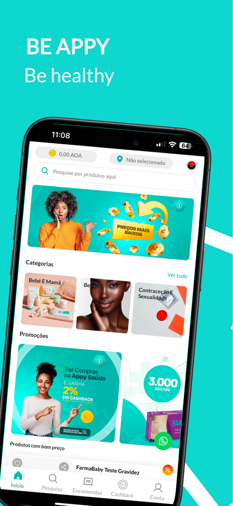 Appy Saúde - Interface móvel da aplicação Appy Saúde que mostra categorias de produtos farmacêuticos e promoções de saúde