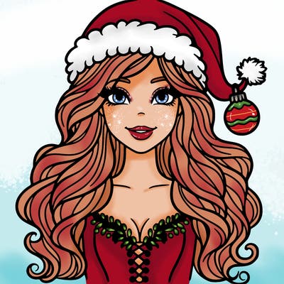 woman, with a santa hat on along with a festive outfit