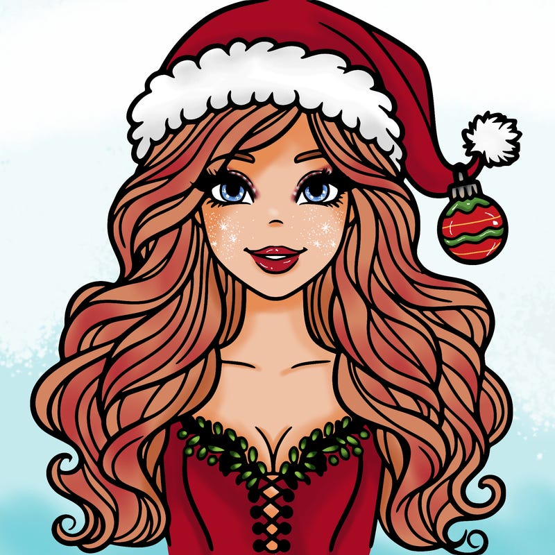 woman, with a santa hat on along with a festive outfit