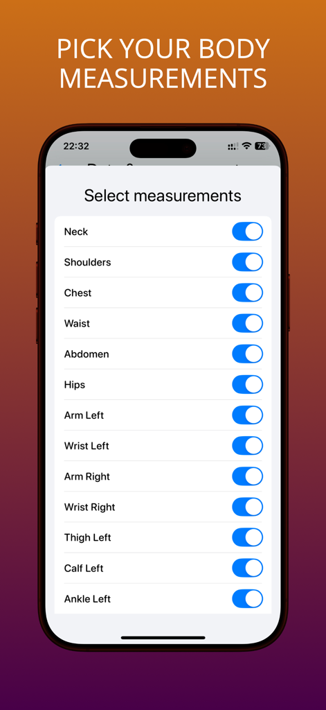 Body Tracker & Measurements - A screen showing a list of body parts with toggle switches to select which measurements to track