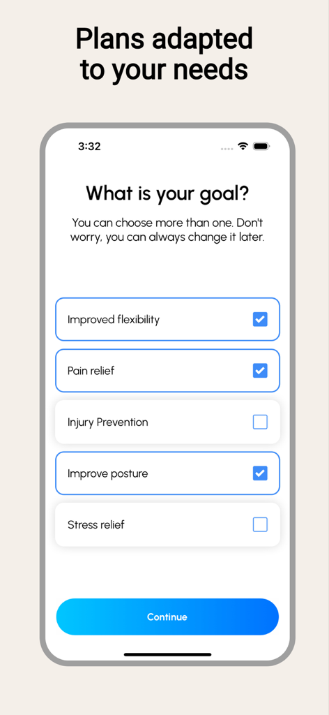 Stretch Bend Flexible: GetBend - Pantalla de selección de objetivos personalizados en la aplicación de estiramiento GetBend con opciones para flexibilidad y postura.