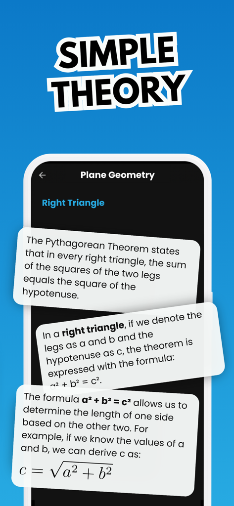 Mobile app screen showing simplified geometry theory and the Pythagorean Theorem formula