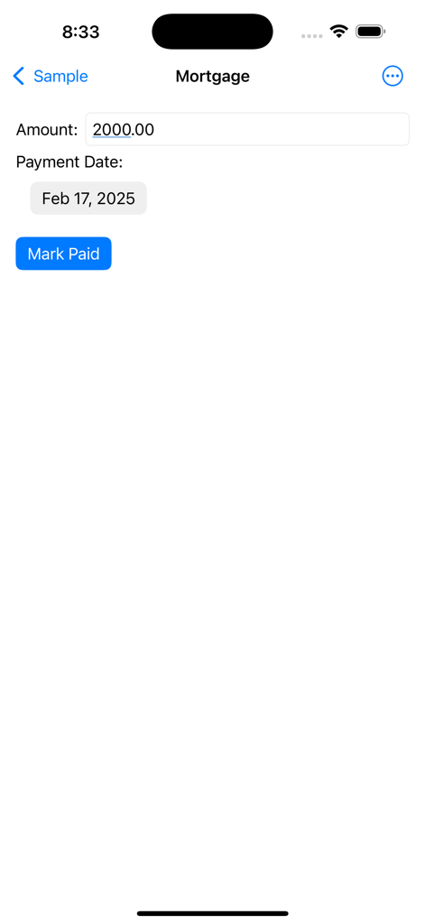 Detail view of a mortgage bill in the Simple Bill Manager app with fields for amount and payment date.