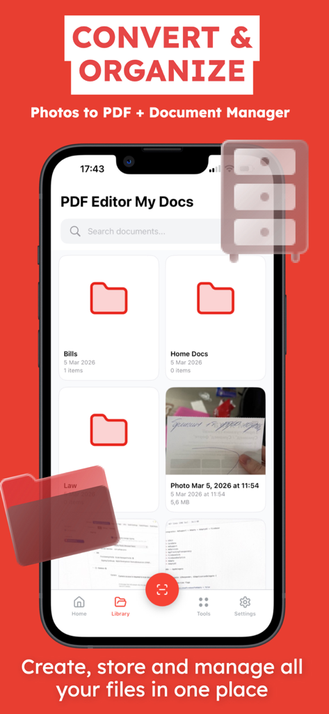 PDF Editor: Scan & Sign Doc - Mobile app interface showing document organization with folders for bills and home files.
