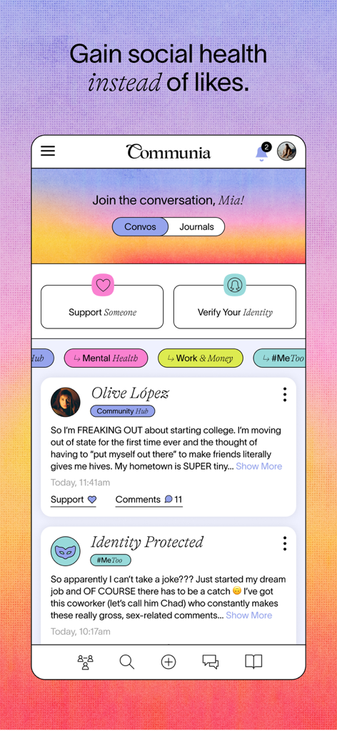 Interface de l'application Communia affichant un fil d'actualité social de soutien pour les femmes et les personnes non-binaires.