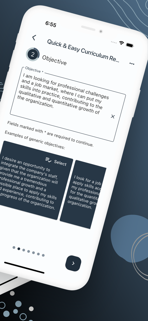 Quick & Easy Resume Builder CV - 履歴書作成アプリのインターフェース。事例文付きのプロフェッショナルな目標の書き方を示しています。