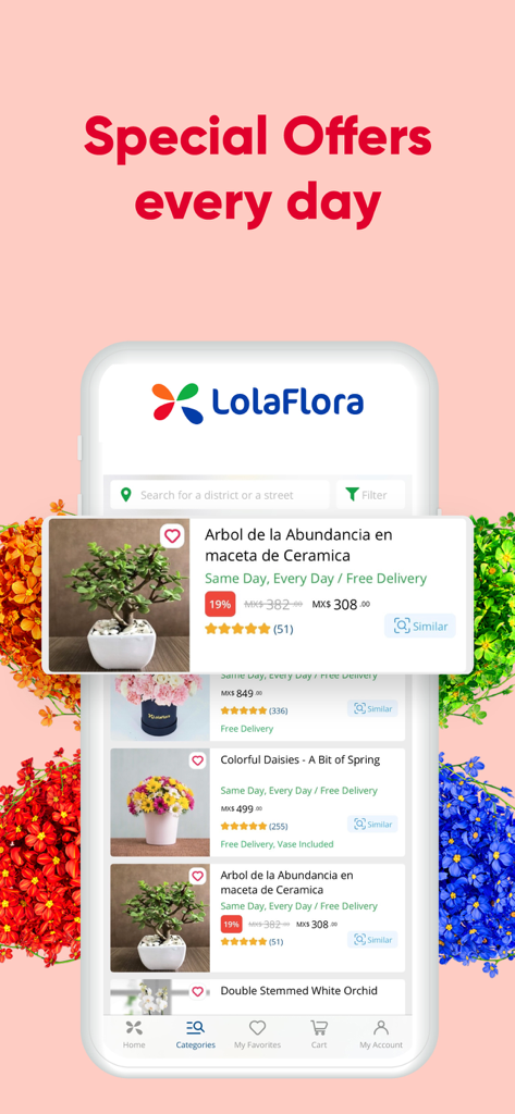 LolaFlora - Flower Delivery - Interface do aplicativo móvel LolaFlora exibindo descontos diários e ofertas especiais em arranjos de flores e plantas.