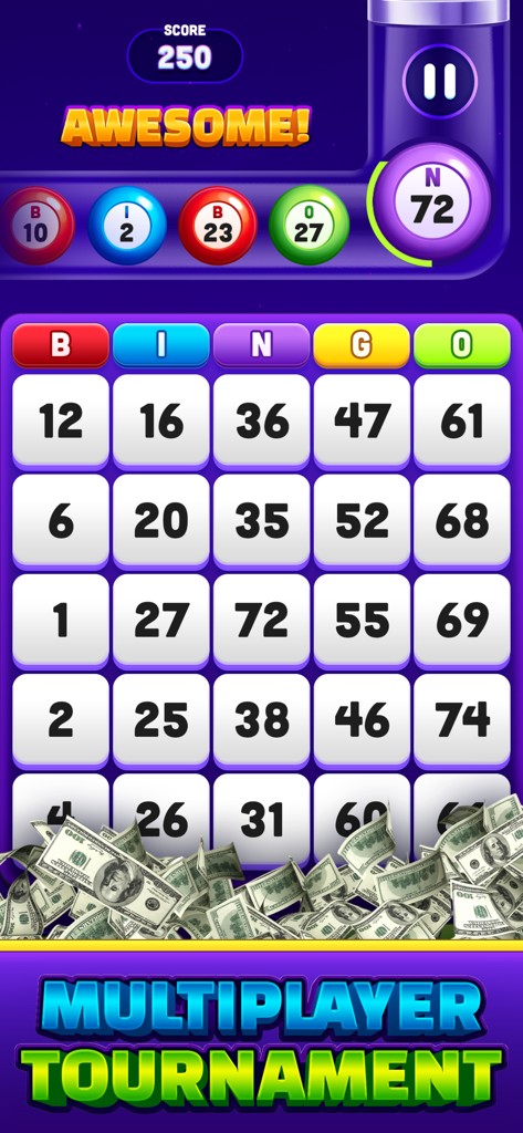 Real Money Bingo - Win Cash - Mobile Bingo game interface showing a multiplayer tournament with a pile of cash
