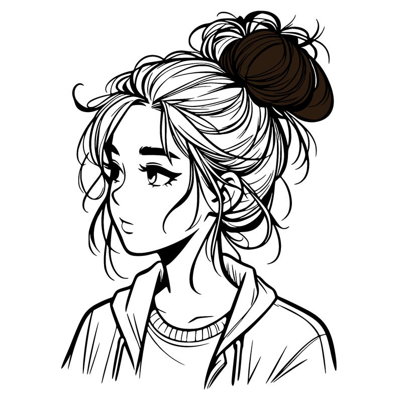 realistic teenage girl with a messy bun
