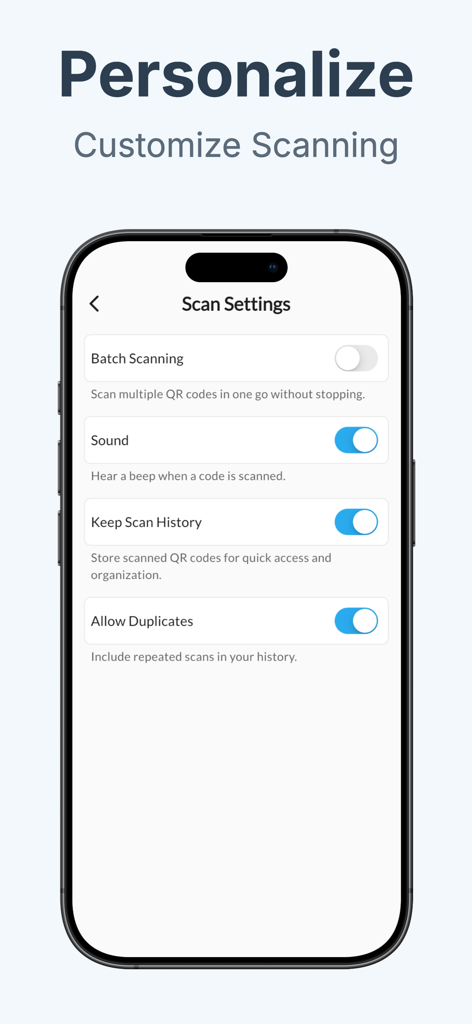 QRBot: Reader & Maker - QRBot-App-Oberfläche zeigt Scan-Einstellungen für Stapelverarbeitung, Ton und Protokolle auf einem iPhone
