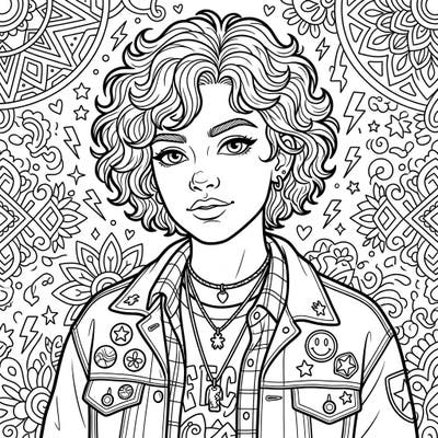 Dive into a world of intricate designs with this captivating teen portrait coloring page. Featuring a stylish character amidst trendy patterns, it's perfect for expressing your creativity and unwinding after a long day.