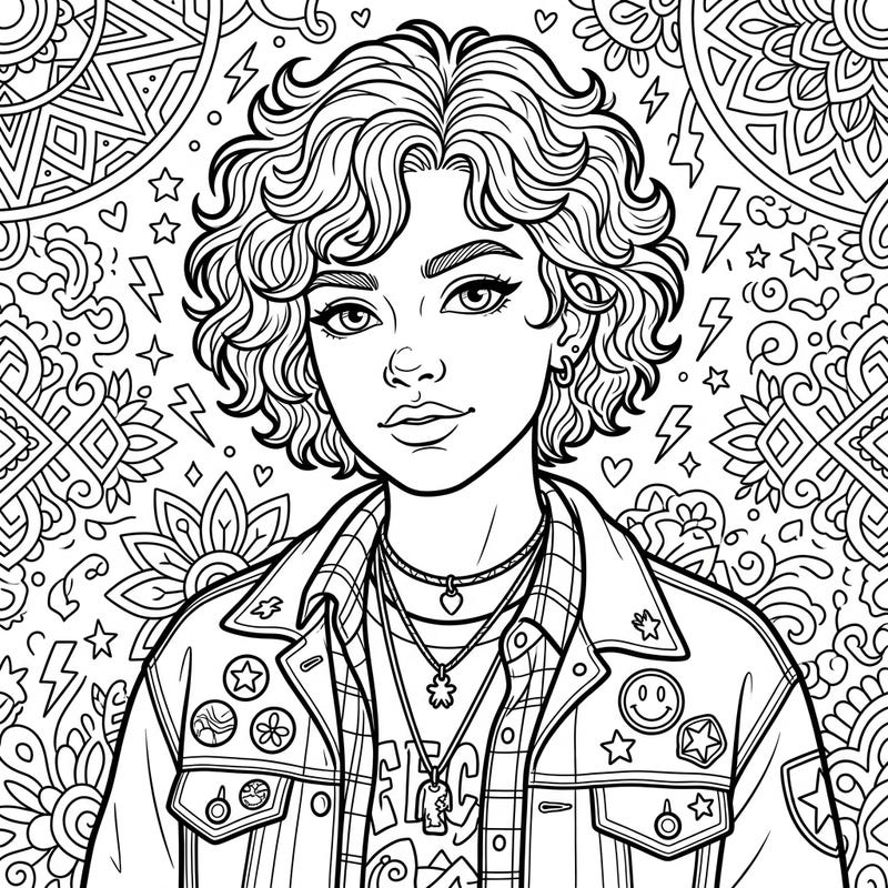 Dive into a world of intricate designs with this captivating teen portrait coloring page. Featuring a stylish character amidst trendy patterns, it's perfect for expressing your creativity and unwinding after a long day.