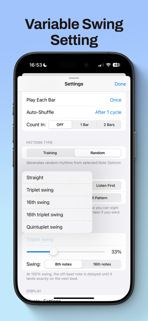 Rhythm Generator - Variable swing settings in the Rhythm Generator app showing options for triplet and quintuplet swing.