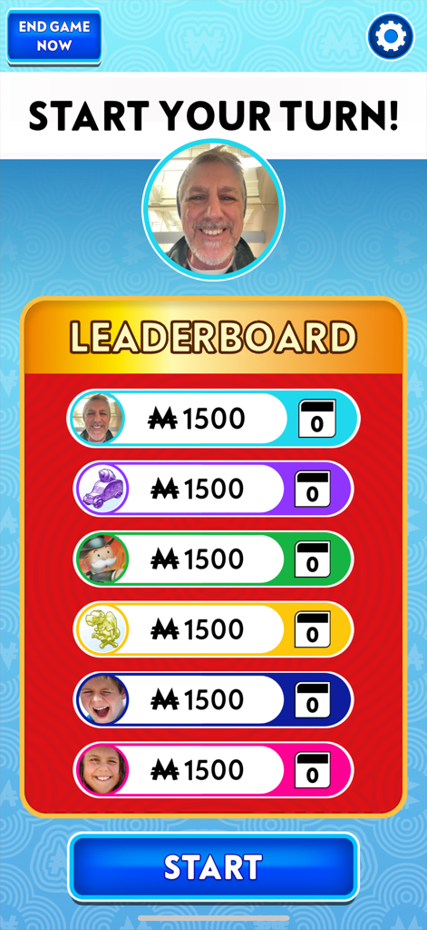 La pantalla de clasificación del juego Monopoly App Banking mostrando a los jugadores sus avatares y saldos actuales