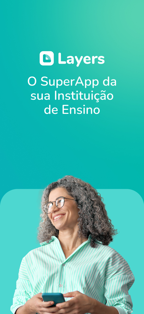 Layers SuperApp - A smiling woman holding a smartphone with the Layers SuperApp logo and text